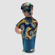 A stuffed toy of a man in tie dye shirt and hat.